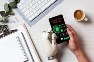 AI marketing tools, someone using a mobile device with AI tools