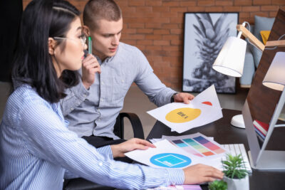 brand identity, designers working to create a logo