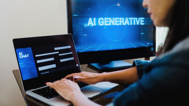 AI generative app. Woman chatting with Artificial Intelligence software in computer laptop. Technology trends woman using generative AI for business