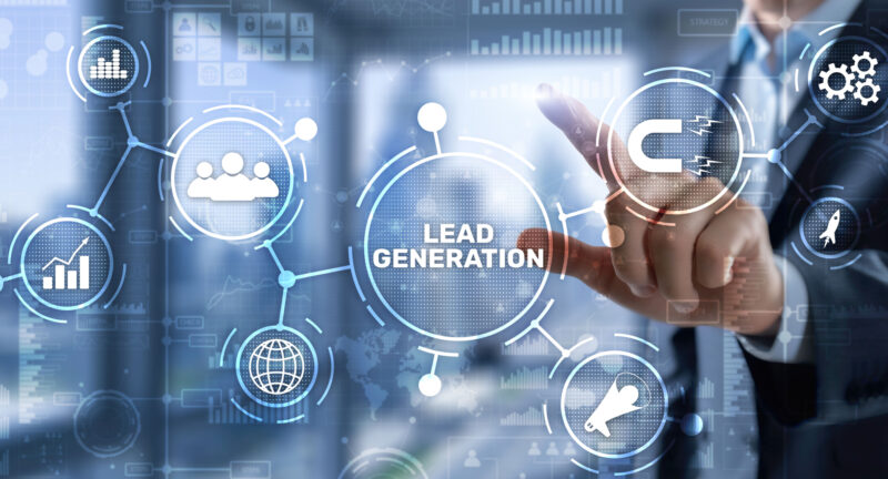 Lead Generation. Finding and identifying customers for your business products or services. lead generation, finger pointing to a touchscreen device