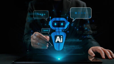 man pointing to AI bot that can also be used for conversational AI