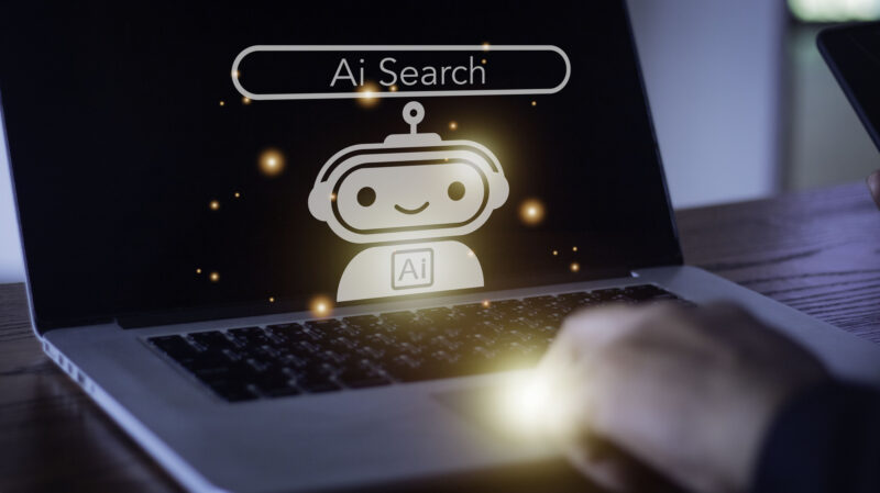 Ai search, Businessman holding hologram digital chatbot, robot application, conversation assistant, AI Artificial Intelligence concept, digital chatbot on virtual screen. SEO for AI search, AI search icon