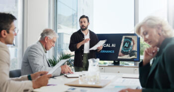 man speaking to team about agentic AI for sales prospecting , presentation of increase of sales using agentic AI