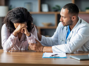 Doctor emotionally supporting a sad women to illustrate infertility issues